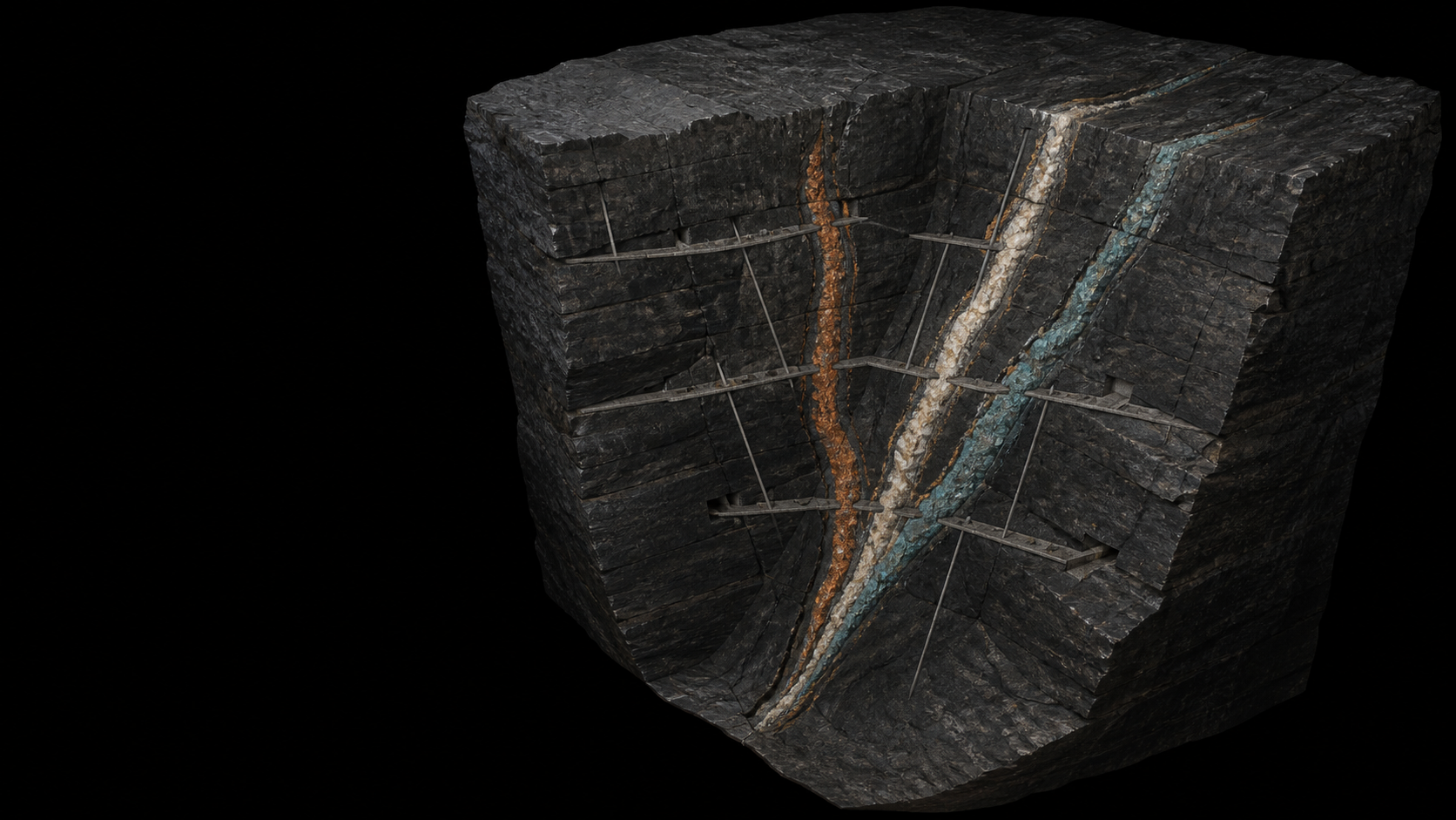Three competing vein interpretations constrained inside one geological block