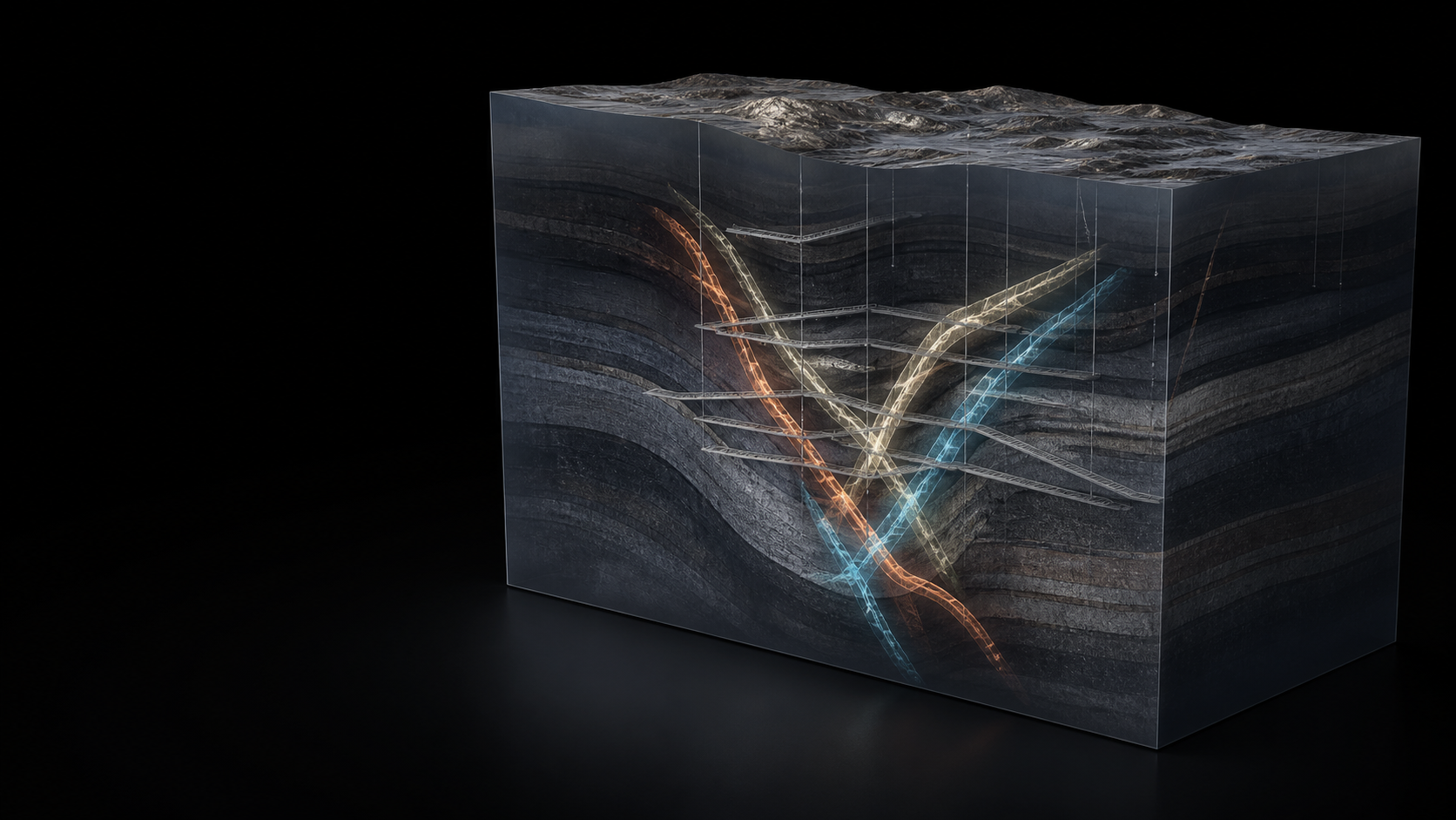 Conceptual geological block with three possible vein interpretations
